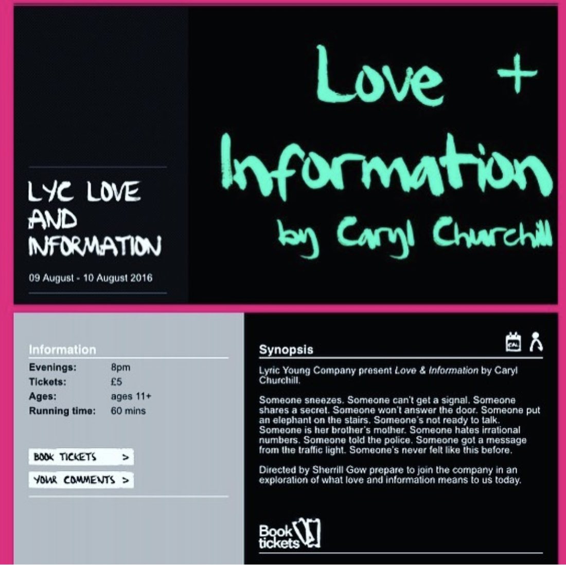 Poster for Love and Information by Caryl Churchill at the Lyric, presented by the Lyric Young Company
